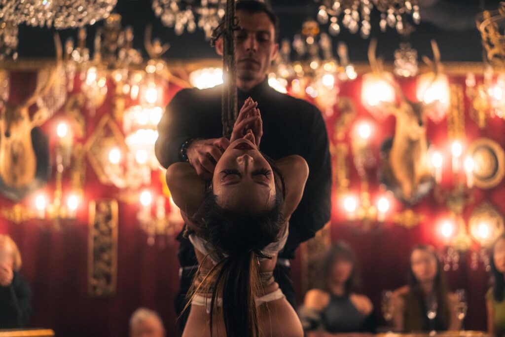 Shibari by Louis Kordexe in a baroque candlelit Tokyo venue with model Kiyome