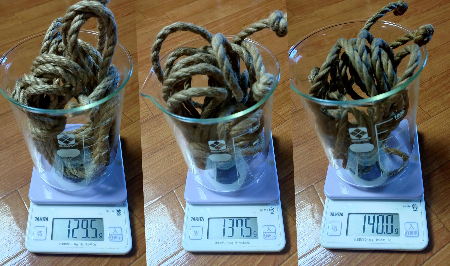 Weight increase of a jute rope measured on a scale during successive oil-conditioning stages.